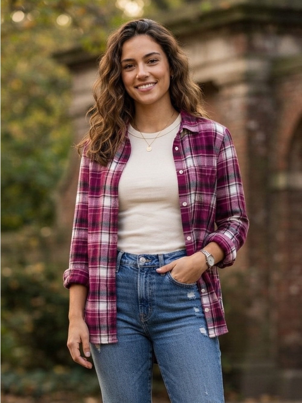 GAP Boyfriend Flannel Shirt M Burgundy Pink Plaid 100% Cotton Soft Cottagecore